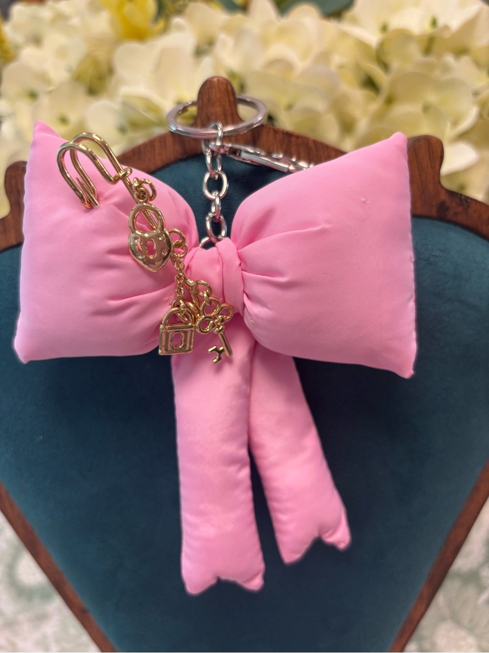 Pink Bow Keychain with Gold Charms